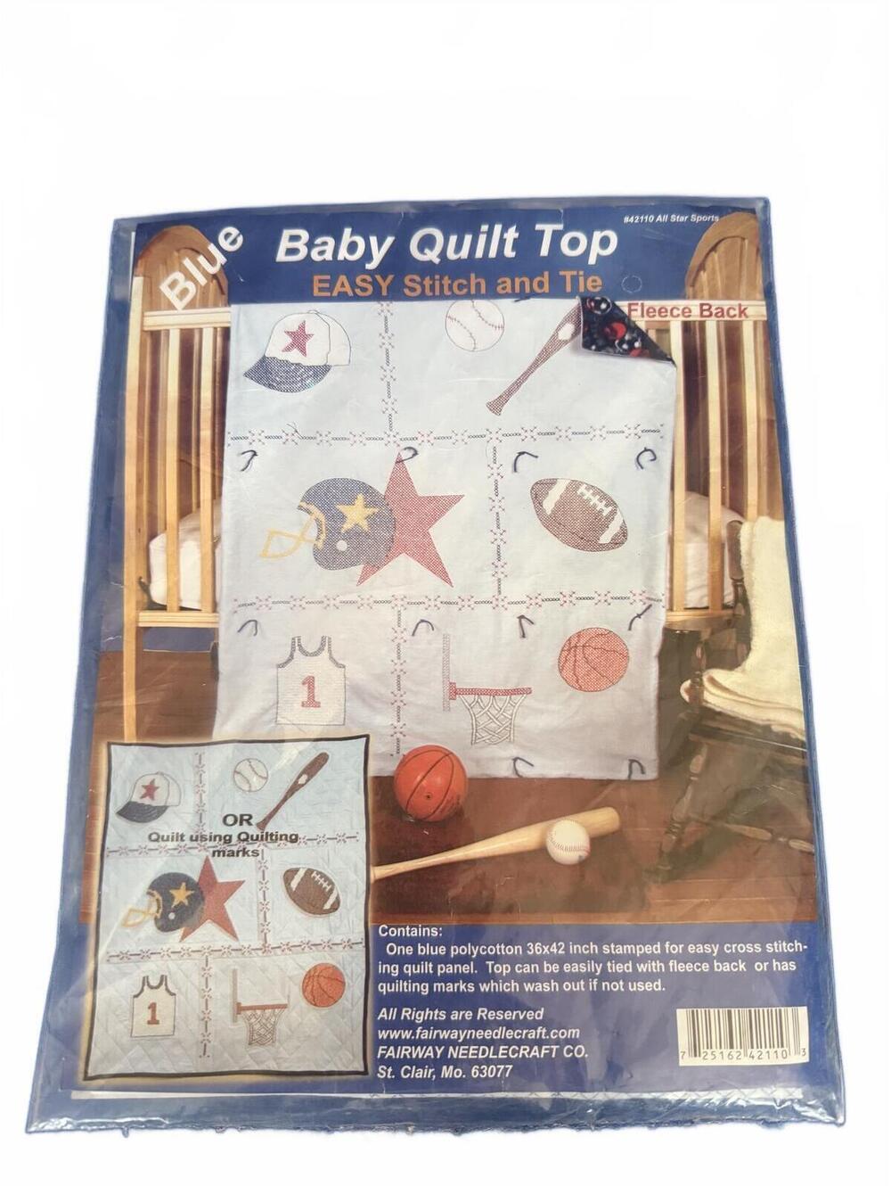 Fairway Needlecraft Baby Quilt Top Easy Stitch and Tie Blue Sports Theme